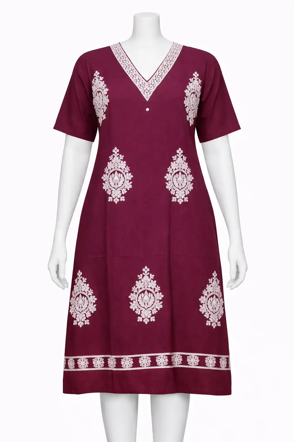 Embroidered Cotton Straight Kurti with V-Neck Design