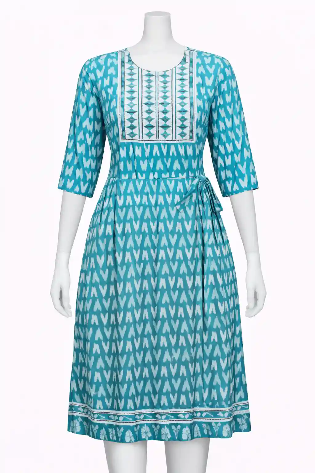 Printed Cotton A-Line Kurti with Contrast Yoke & Side Tie-Up