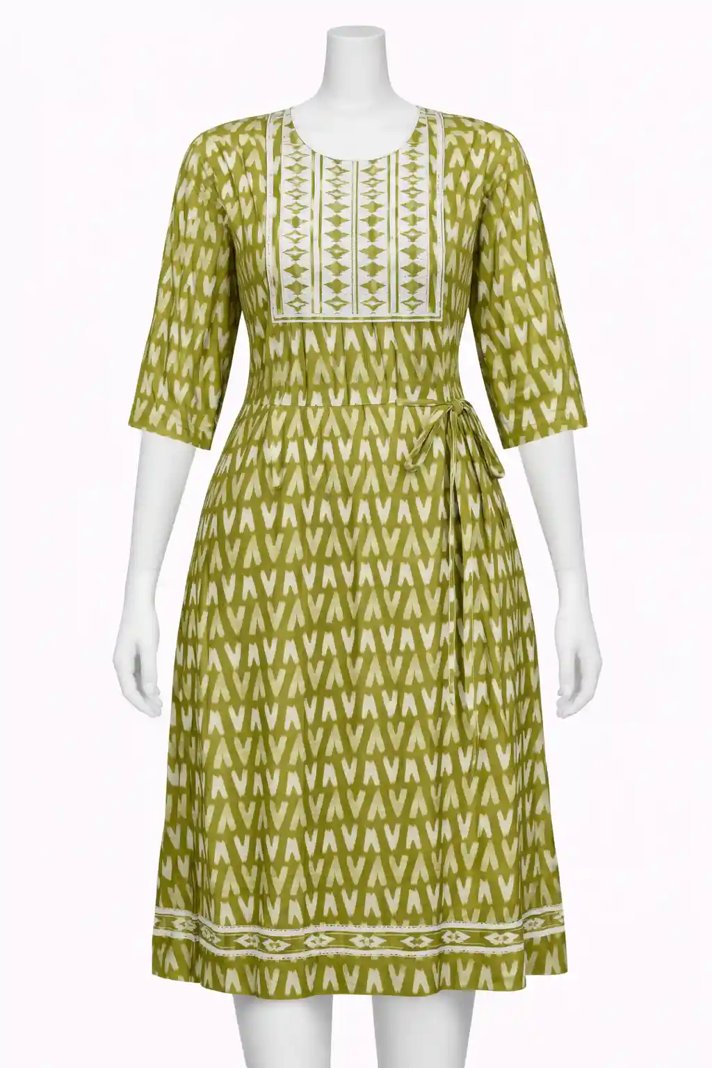 Printed Cotton A-Line Kurti with Contrast Yoke & Side Tie-Up