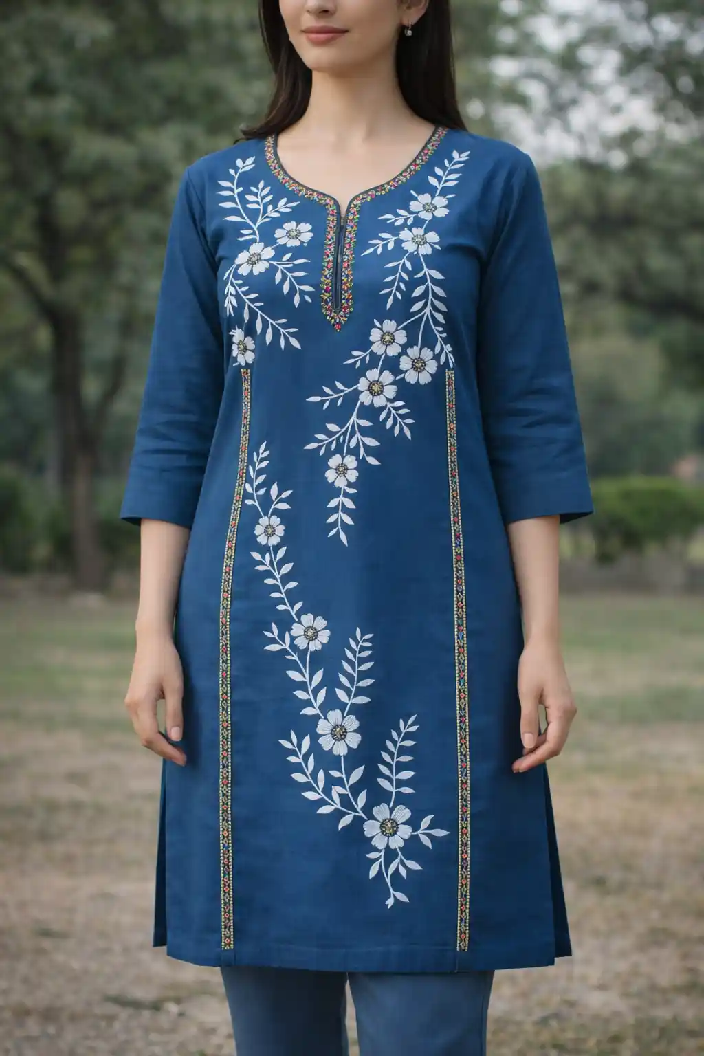 Floral Embroidered Cotton Straight Kurti with Notched Neck