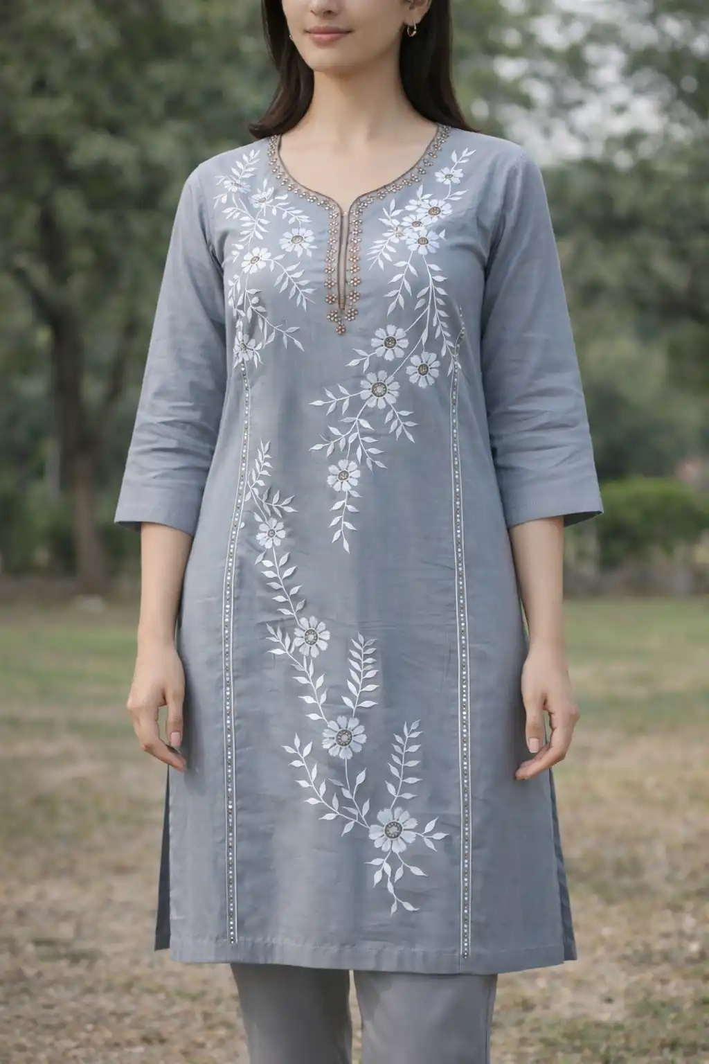Floral Embroidered Cotton Straight Kurti with Notched Neck