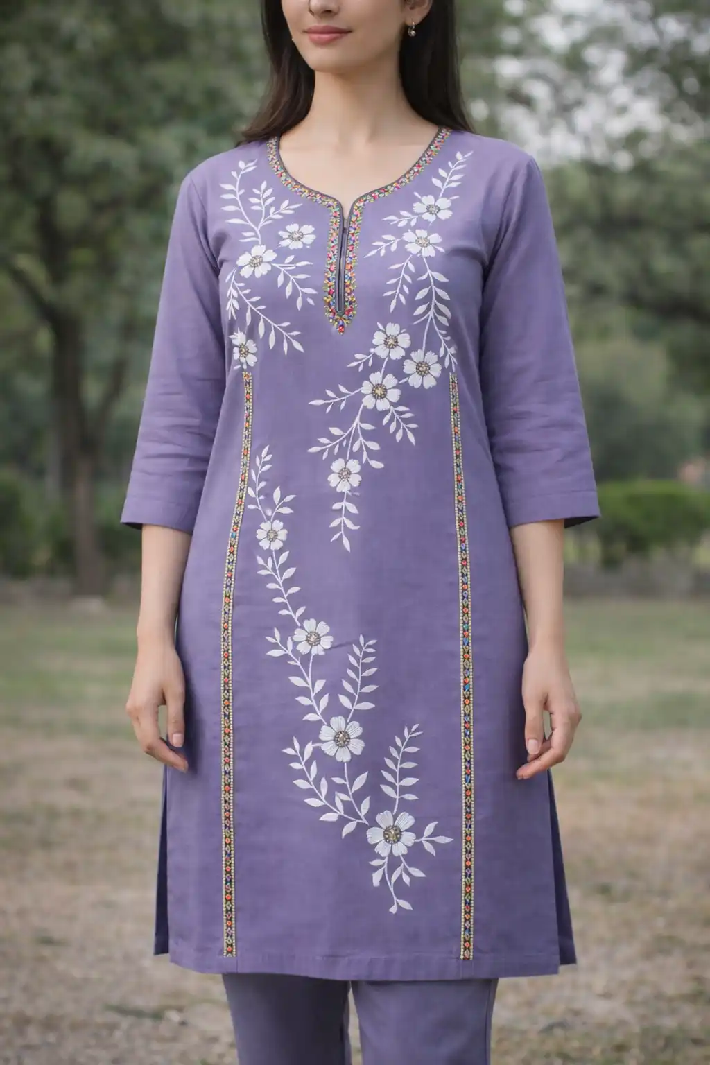 Floral Embroidered Cotton Straight Kurti with Notched Neck