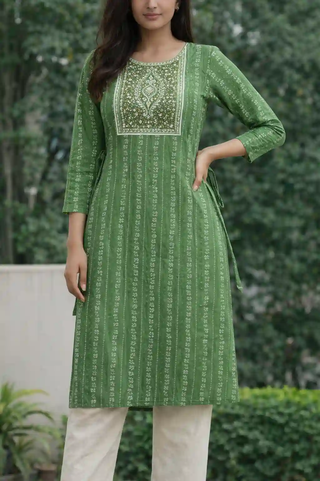 Printed Cotton Straight Kurti with Embroidered Yoke & Side Tie-Up