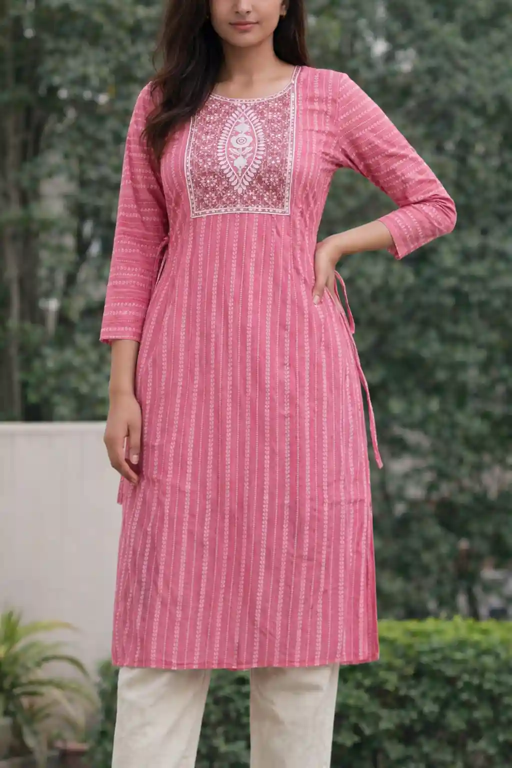 Printed Cotton Straight Kurti with Embroidered Yoke & Side Tie-Up