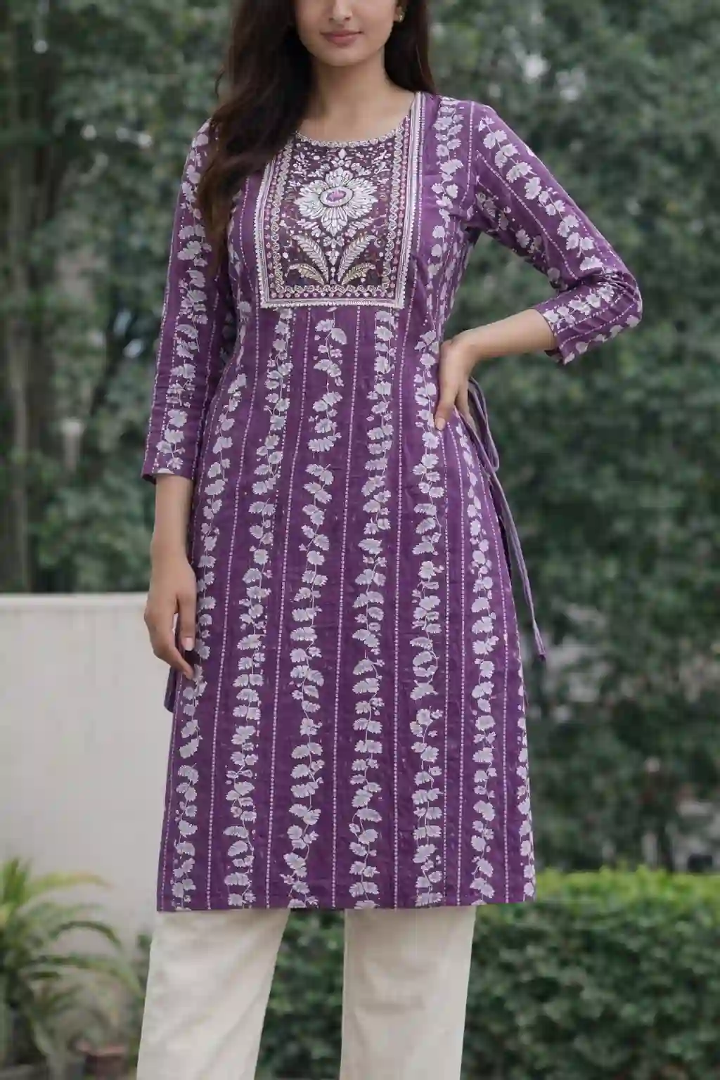 Printed Cotton Straight Kurti with Embroidered Yoke & Side Tie-Up