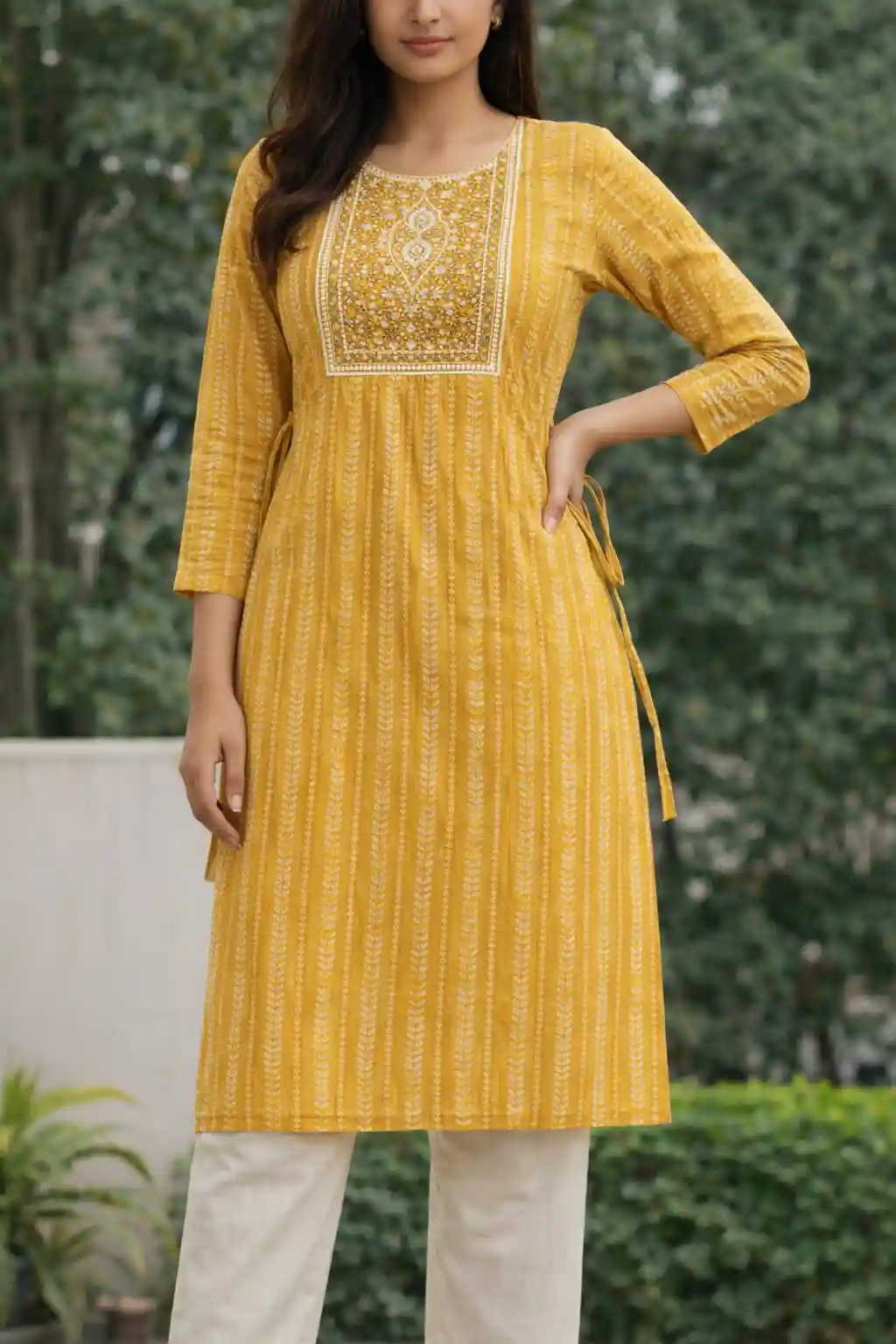 Printed Cotton Straight Kurti with Embroidered Yoke & Side Tie-Up