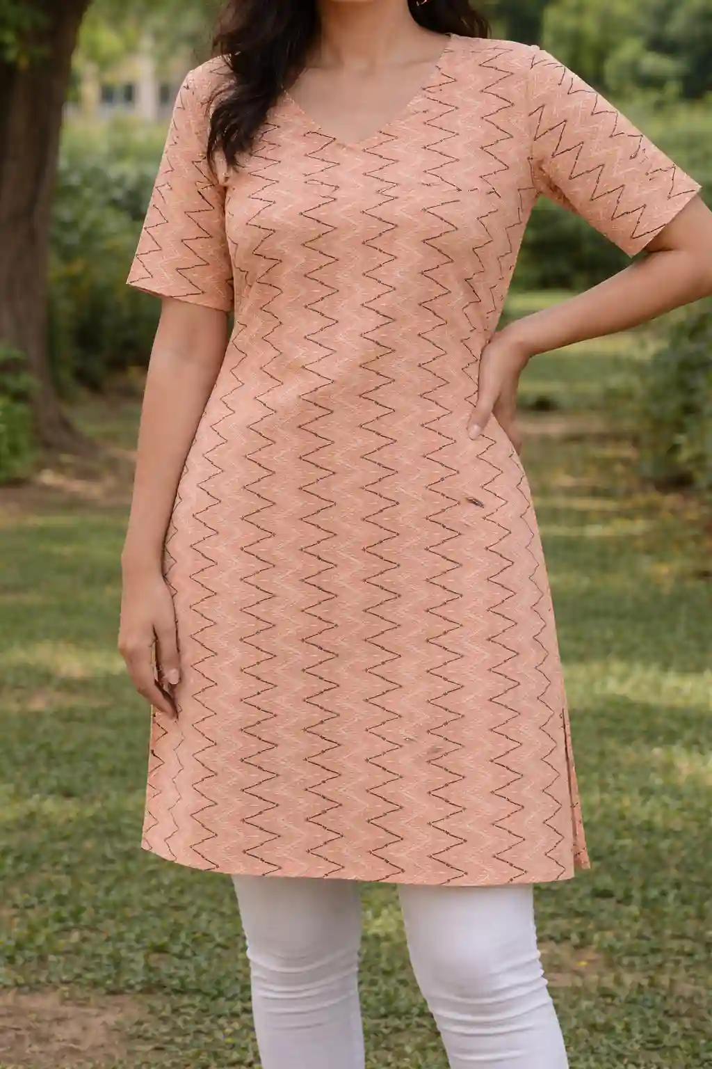 Printed Cotton Straight Kurti with V-Neck