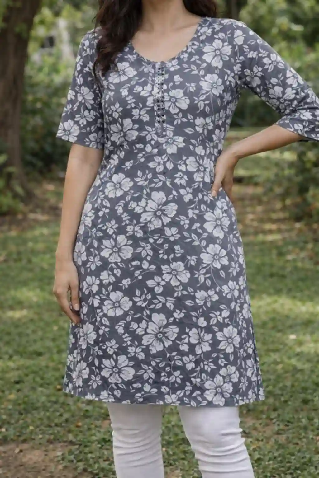 Floral Printed Cotton Straight Kurti with Buttoned Neckline