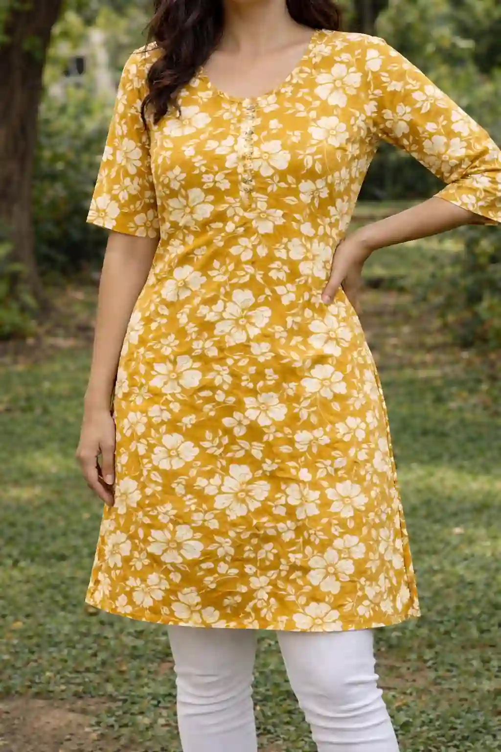 Floral Printed Cotton Straight Kurti with Buttoned Neckline