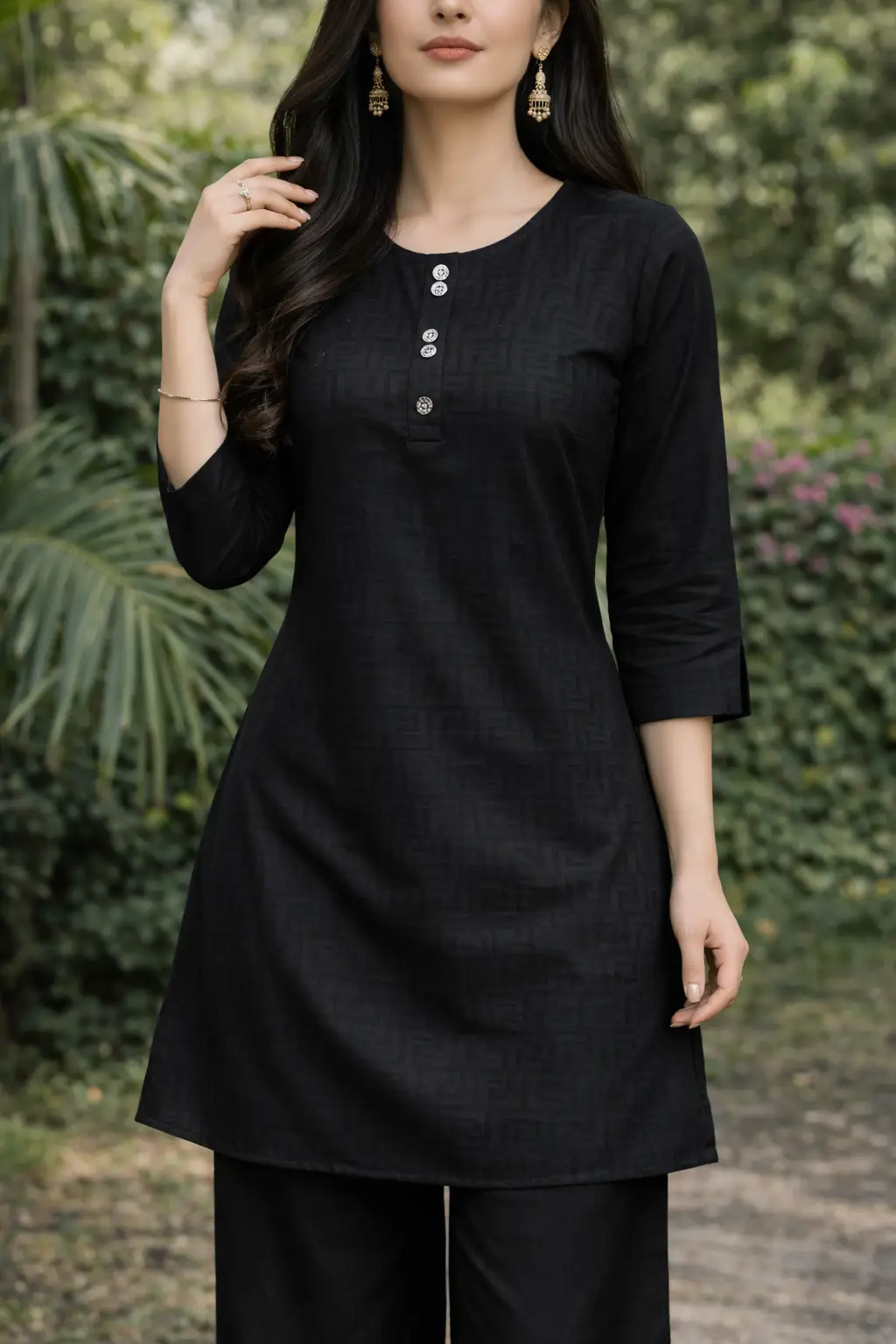Women’s Solid Textured Cotton Kurti with Button Placket