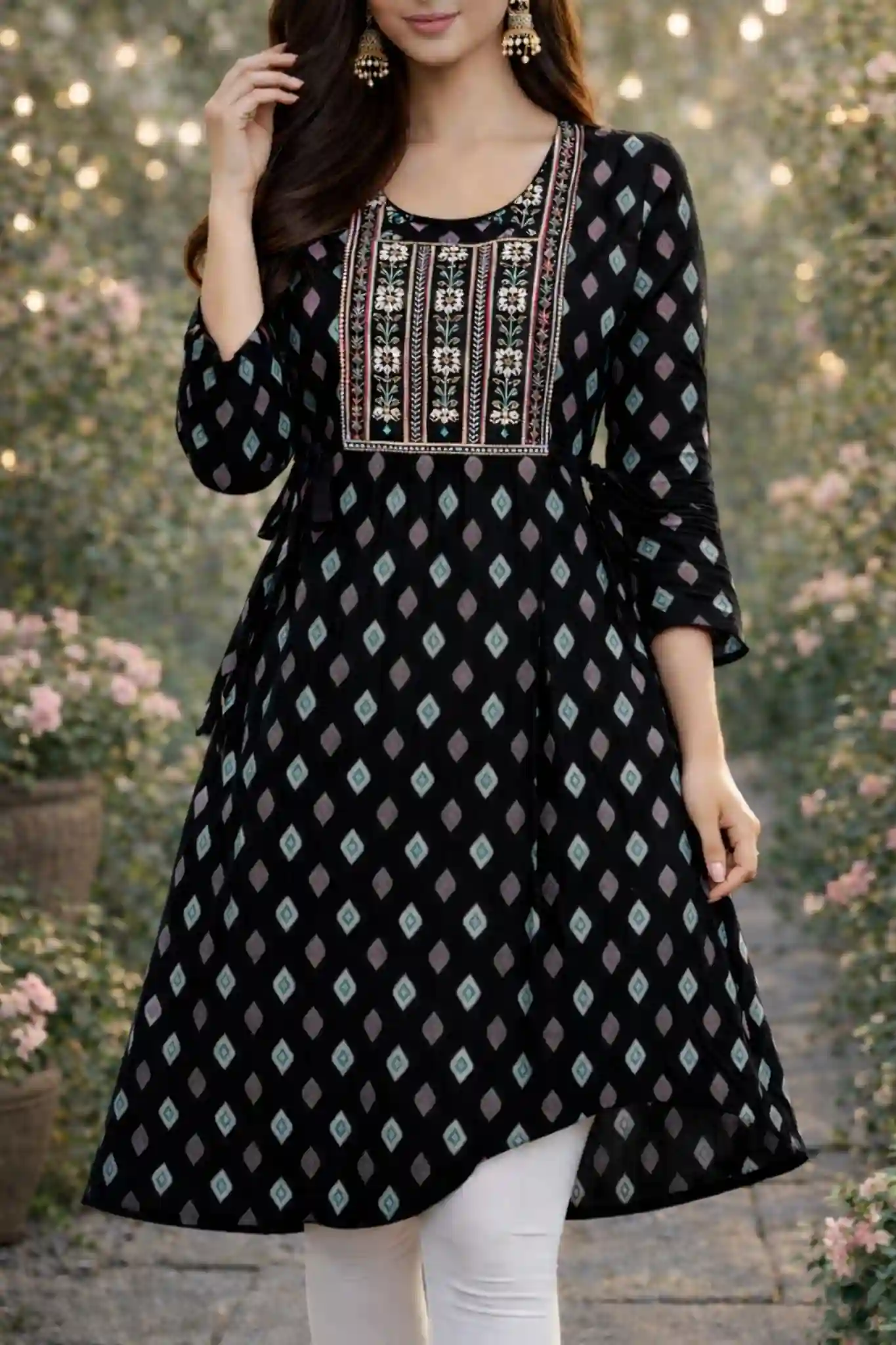 Printed Flared Kurti with Embroidered Yoke and Tie-Up Waist - #1b1b1b