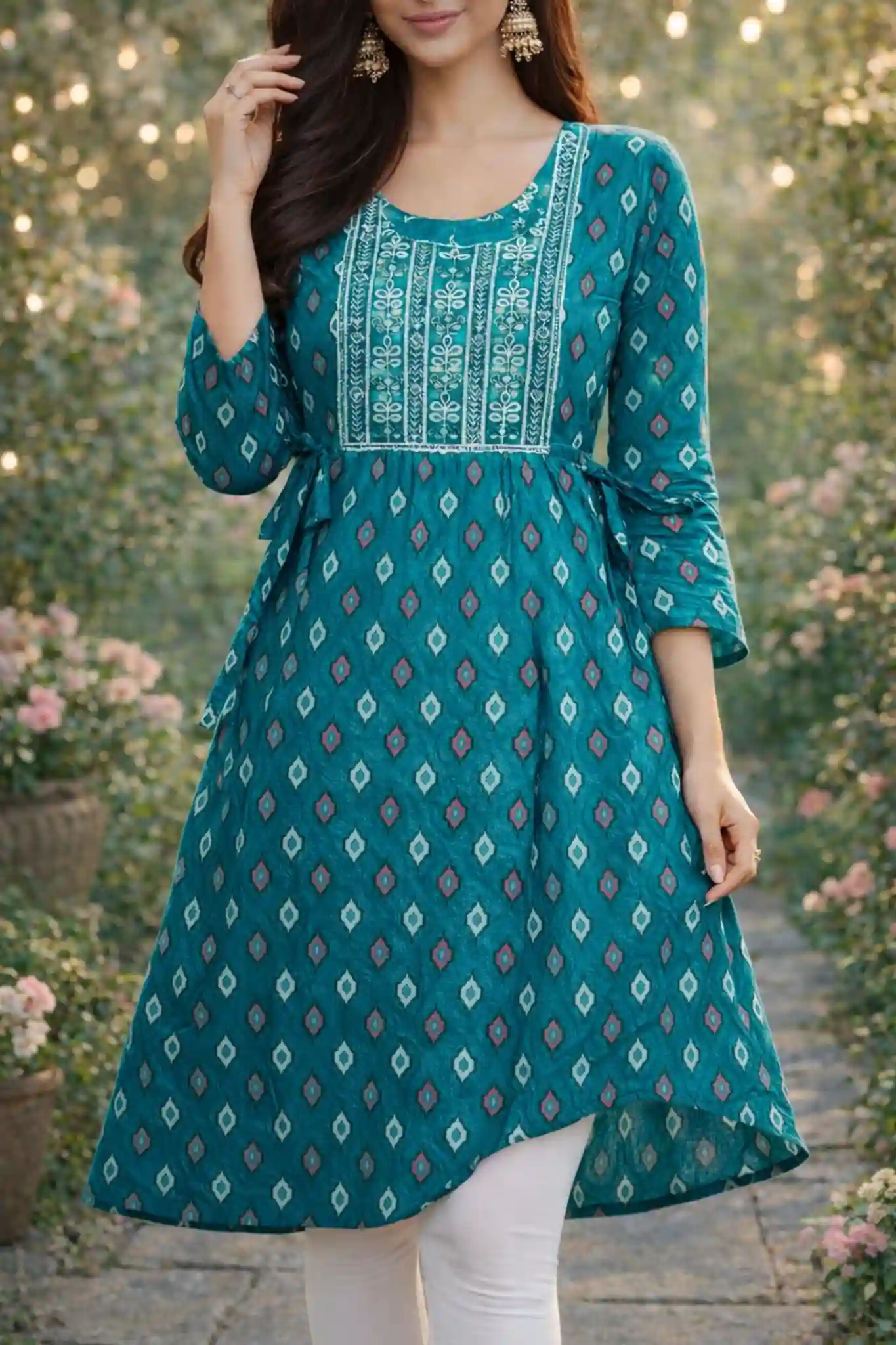 Printed Flared Kurti with Embroidered Yoke and Tie-Up Waist