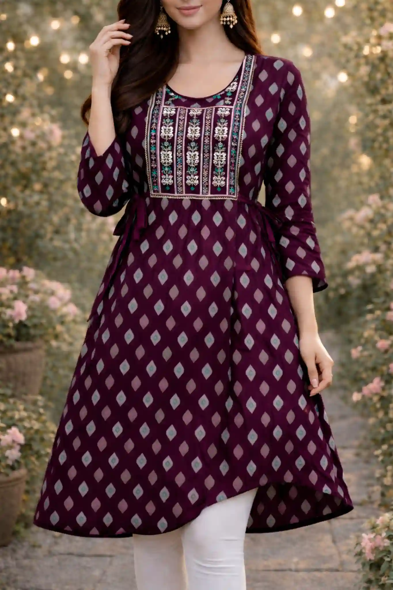 Printed Flared Kurti with Embroidered Yoke and Tie-Up Waist