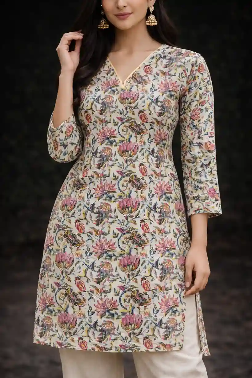 Floral Printed Straight Kurti with Side Tie-Up Detail