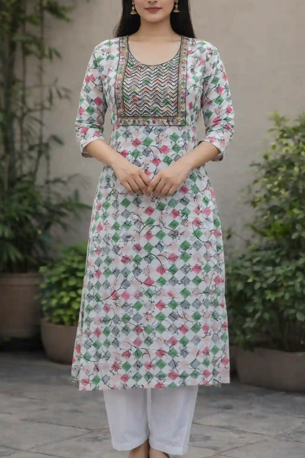 Pastel Printed Straight Kurti with Embroidered Square Yoke