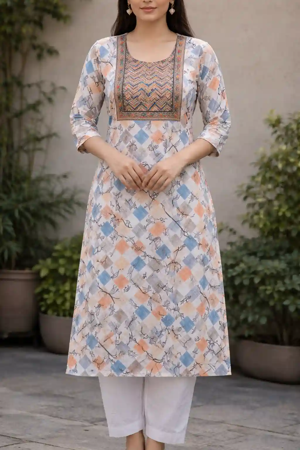 Pastel Printed Straight Kurti with Embroidered Square Yoke