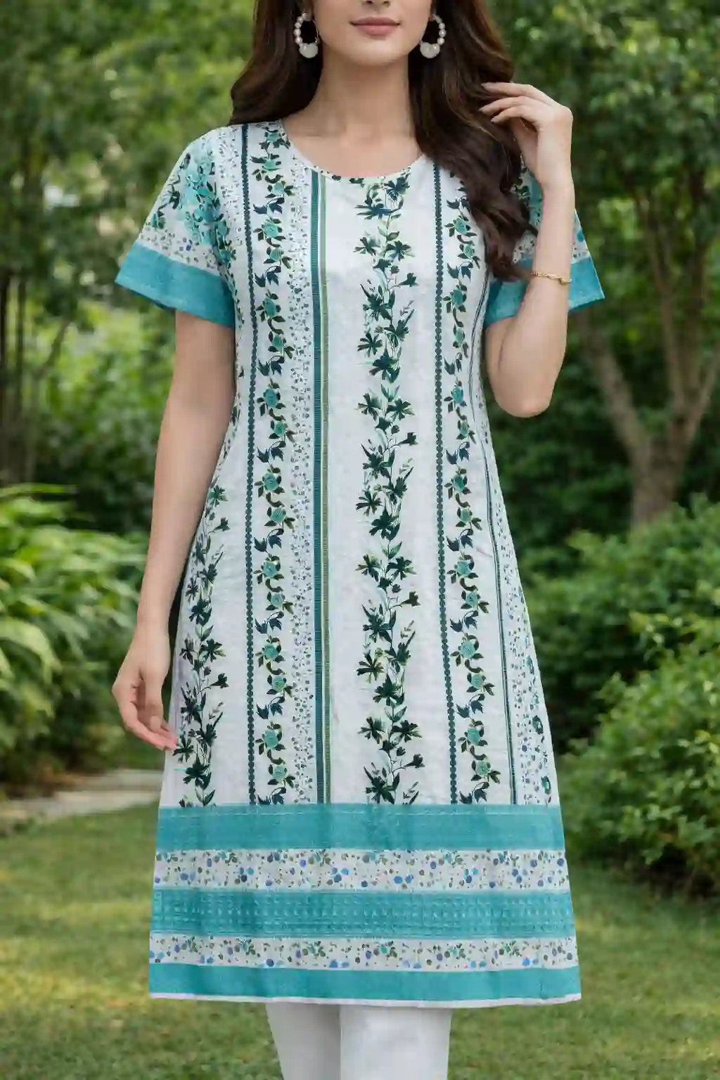 Floral Printed Straight Kurti with Border Detail