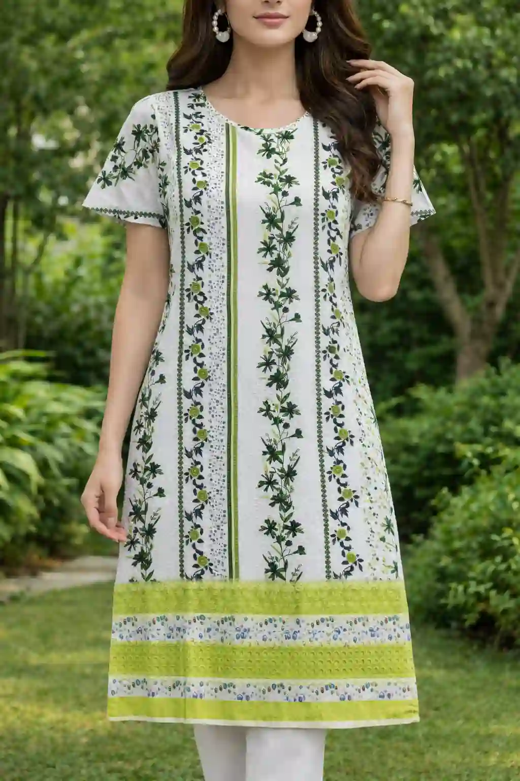 Floral Printed Straight Kurti with Border Detail