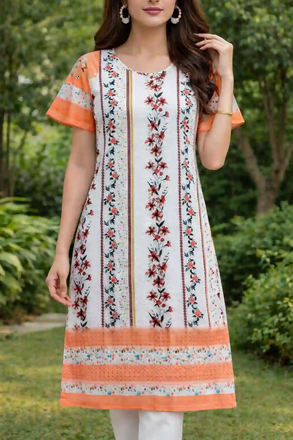Floral Printed Straight Kurti with Border Detail