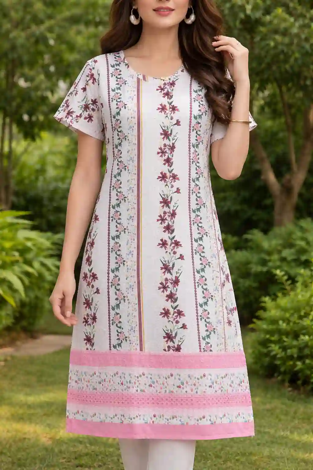 Floral Printed Straight Kurti with Border Detail